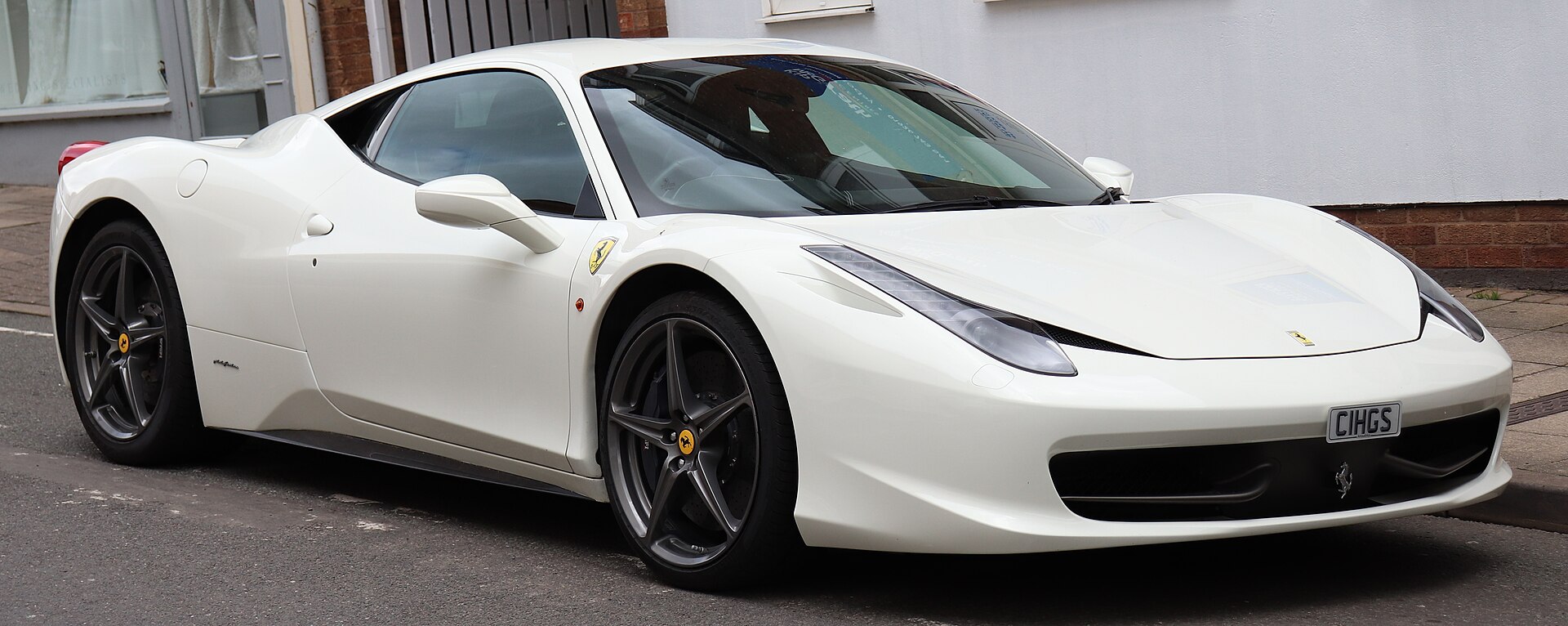 White Ferrari 458 Italia photographed from the front in Leamington Spa